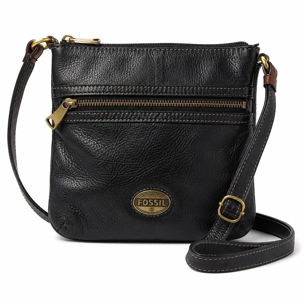 Fossil Black Cow Hide Leather Crossbody Bag Small Zip Front Pocket Purse